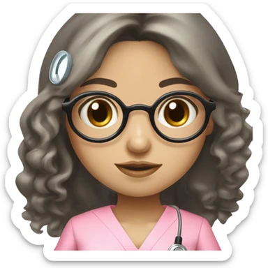 PrettyAian girl (beige white skin tone and big eyes) with circle silver glasses, hair bang and wavy long black hair , wearing a pink nurse uniform (scrub) with a stethoscope sticker