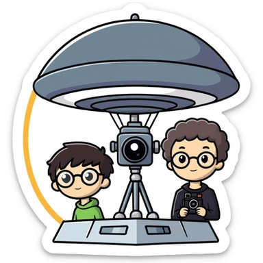 A little boy with straight black medium-length hair, white skin, and black eyes wearing black-framed glasses is taking photos on a UFO with a camera. Beside him, there is an alien and a brown round-headed poodle. sticker