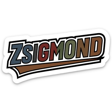 Zsigmond name in masculine, modern, gradient font with precise Hungarian characters, dark contour, extra wide and prominent white letter frame as in sample images, dynamic slanted underline, masculine color shades (blue, gray, burgundy, green, brown), 1000x1000 px, PNG, transparent background sticker