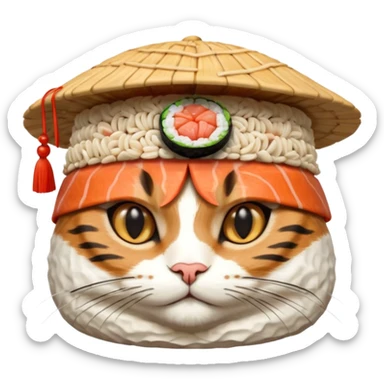 cat wearing a hat made out of sushi, highly detailed sushi hat sticker
