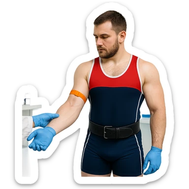 European powerlifter in federal competition, showing arm for blood sampling during anti-doping control, wearing competition clothing, laboratory atmosphere, isolated on white background sticker