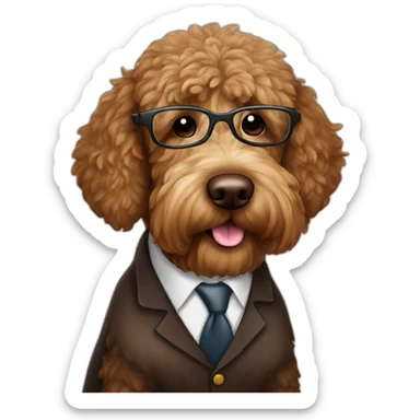 A chocolate colored golden doodle wearing a suit and glasses on the stand in court sticker