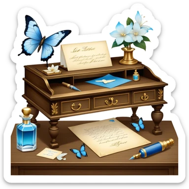 A poetic still life of an antique wooden desk adorned with an ink-stained love letter, a golden-tipped quill resting beside it. A translucent blue butterfly flutters near an elegant perfume bottle, surrounded by ivory gardenias and scattered pearls. sticker