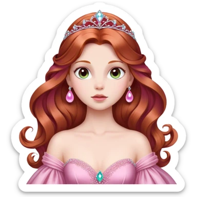 Cinematic Majestic Sleeping Beauty Portrait Emoji, rendered in a clean, vector-style with bold, simplified shapes. Show Aurora with a serene, noble expression, luminous porcelain skin, and elegantly flowing auburn hair, dressed in an opulent pink ball gown. The design radiates a majestic, enchanted glow with high shine and a soft glowing outline, embodying classic royal elegance. sticker