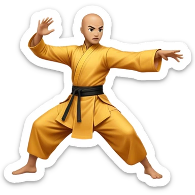 Cinematic Realistic Kung Fu Action Emoji, depicted as an epic martial arts scene with a master executing a precise move in traditional attire, rendered with fluid motion and vibrant textures under dramatic high-contrast lighting. sticker