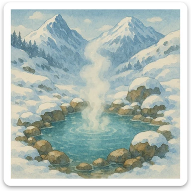 a snowy mountain hot spring, serene landscape, visible steam rising from warm water, surrounded by snow and rocks, beautiful illustrative style sticker