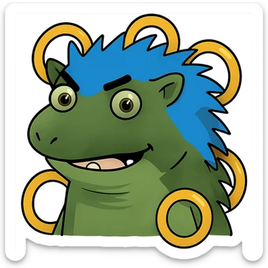 Add gold rings around Sanic the Hedgehog in meme style, keeping the original meme look, with no background. sticker