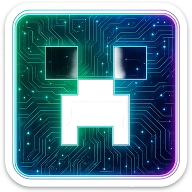 Transform the Minecraft launcher logo/creeper face into a cyberpunk, holographic style with glowing neon green, blue, and pink edges. Add intricate circuit patterns throughout the entire icon with a consistent cyberpunk glow. Maintain the recognizable creeper face and green color, overlaying neon and circuit effects in a futuristic, clean style. The whole icon should have a transparent background and detailed cyberpunk aesthetics. sticker