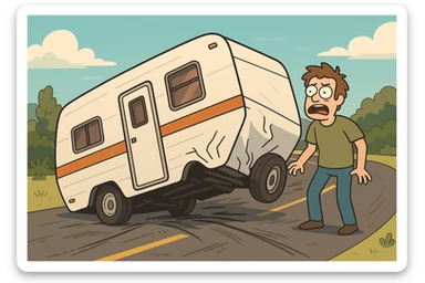 a trailer crashed on a road, cartoon style, vibrant colors, clear scene sticker