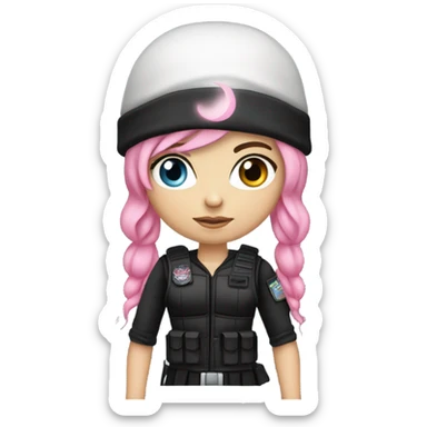 white girl, tactical vest, dark pants, pink hair, blue eyes, black beanie hat with crescent moon on front, black combat boots, bow and arrow sticker