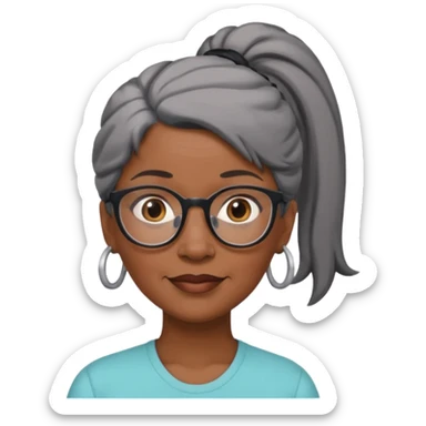 emoji of a black older women with black and gray hair in a ponytail with glasses and brown eyebrows sticker