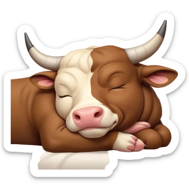 meme-worthy-cute-sleeping-domestic-bull-portrait-emoji,-head-resting-peacefully-with-a-contented-smile,-showcasing-a-robust,-muscular-build-and-a-luxuriously-soft-coat,-eyes-gently-closed-in-serene,-restful-slumber,-simplified,-solid-brown sticker