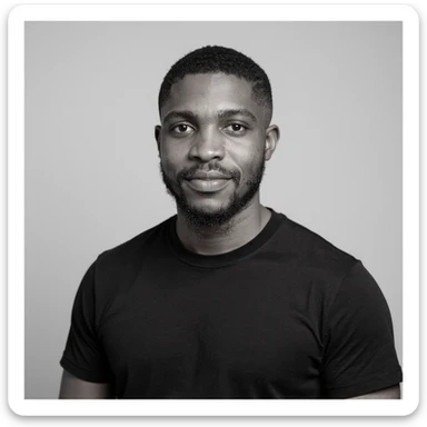 A professional portrait of me in monochrome. Plain black crew neck shirt. Tailored to LinkedIn. Tech boy vibe (programmer). I’m a black man from Nigeria. Retain facial features from attached image. Make face smoothie and healthy. No accessories. Light gray background to make subject more visible. sticker