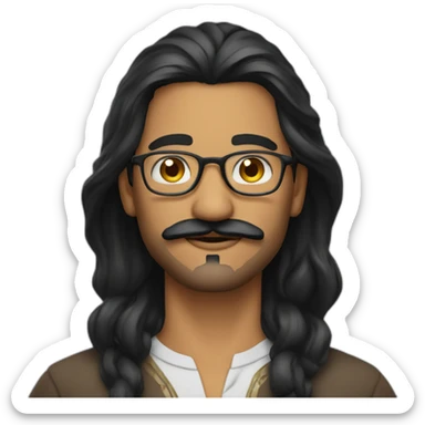 Indian man, with moustache and a goatee, with long wavy black hair, wearing glasses sticker