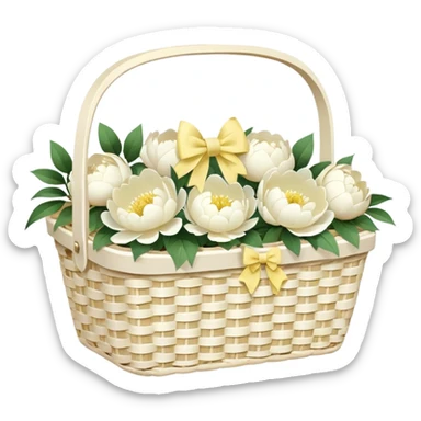 White Picnic basket with pastel yellow bow and white peonies inside sticker