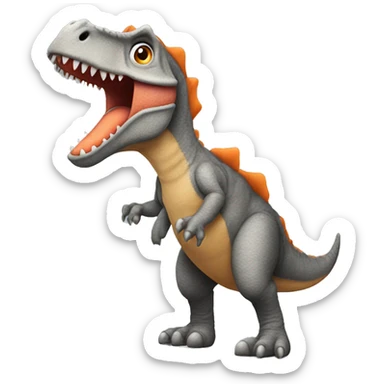 Stuffed animal Dino that’s grey standing on his two legs and has his mouth closed and has an orange belly  sticker