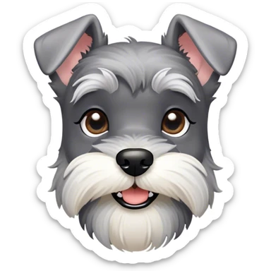 Cinematic Cute Miniature Schnauzer Portrait Emoji, Head cheerfully cocked with expressive, twinkling eyes and a neatly trimmed, adorable salt-and-pepper fur, simplified yet endearingly detailed, glowing with a bright, friendly radiance, high shine, exuding smart and spunky charm, styled with a delicate, whimsical outline, capturing the essence of a cute Miniature Schnauzer that appears ready to scamper off the screen with delightful energy! sticker