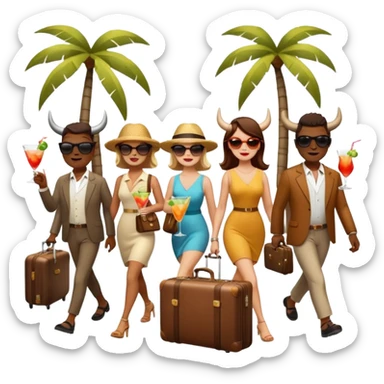 generate an emoji of a group of up to 8 male and female bulls travelling together on holidays. One bull has a suitcase, one has sunglasses, one is carrying a cocktail. They're all in motion, walking together sticker