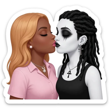 (Bimbo, pearl earrings stud, Light pink cute lips, long middle part with long light ginger hair, dark brown skin, playboy necklace with lashes, light pink shirt, kissing the goth black girl with brown skin, cross earrings, ankh necklace with black dreadlocks with white paint on face sticker