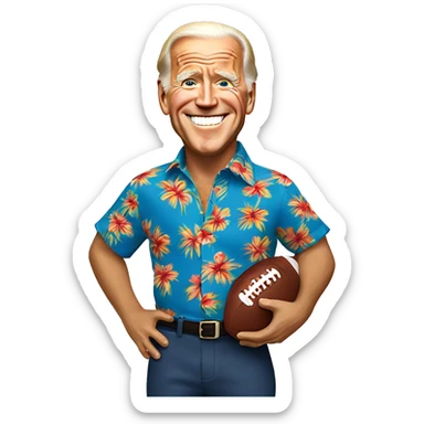 Joe Biden wearing a Hawaiian shirt wearing a football helmet sticker