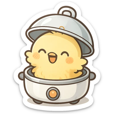 cute chibi soft fluffy chick in an egg cooker, popping out of the lid, smiling brightly, soft yellow, full-body sticker