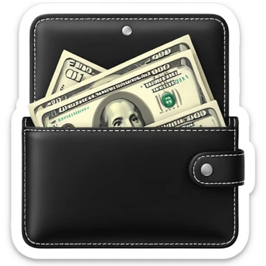 Rich emoji style black leather wallet with dollar bills, luxury money vibe, premium 3D emoji, ultra clean, high detail, no background
 sticker