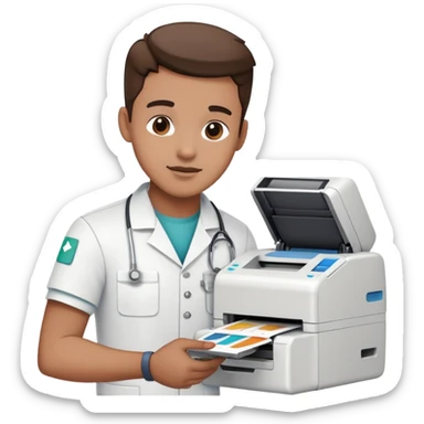 IT technician fixing a printer in hospital sticker