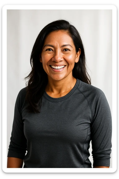 Portrait of a Peruvian woman aged 30 to 50 years, with wheat-colored skin, dark hair, smiling and energetic expression, semi-sporty style, wearing a lead-colored garment, inspiring and healthy image, ideal as a brand representative for supplements for Peruvian adults. sticker