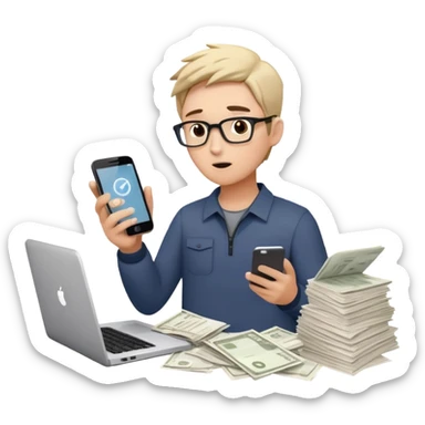 person holding a phone in one hand, laptop open in front, storm of receipts, invoices, and reminders swirling around, multitasking chaos sticker