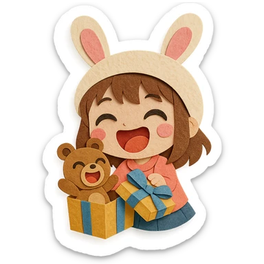 laughing chibi girl in bunny hat opening glittery gift box with laughing teddy bear inside, paper-craft style sticker