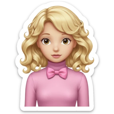 دختری با موی بلوند و خیلی بلند و فرفری و پاپیون صورتی روی سرش و یه لباس  یقه اسکی صورتی کم رنگ که شاینی هست sticker