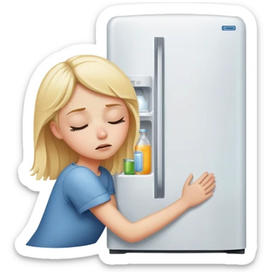 Blond girl trying to sleep next to a refrigerator  sticker