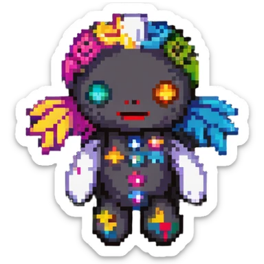 A colorful pixelated voodoo doll with bright fabric patches in different colors, button eyes, and colorful pins sticker