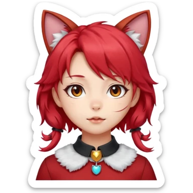 very cute anime cat-girl with cat ears, red blowing hair sticker