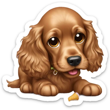 Light brown cocker spaniel eating a shoe sticker