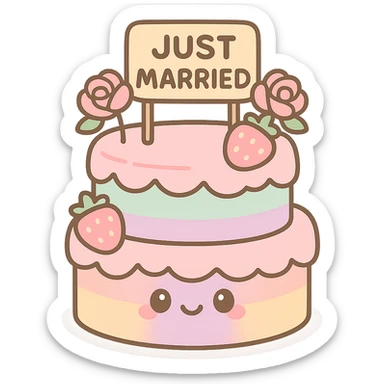 rainbow wedding cake with strawberries, pink roses, 'Just Married' topper, kawaii style sticker