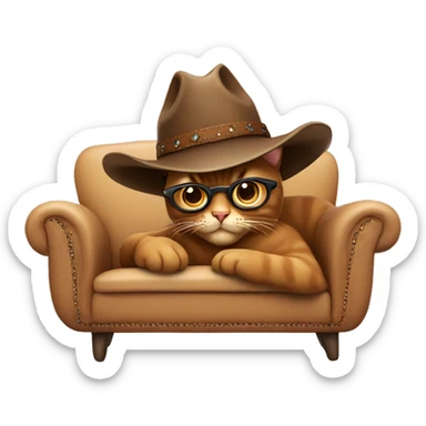 A brown cat with glasses and a cowboy hat chilling on a sofa sticker