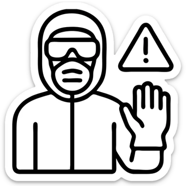 safety notice icon showing a worker in PPE including goggles, gloves, mask, and protective suit with a red warning symbol, designed for use in a chemical factory environment sticker