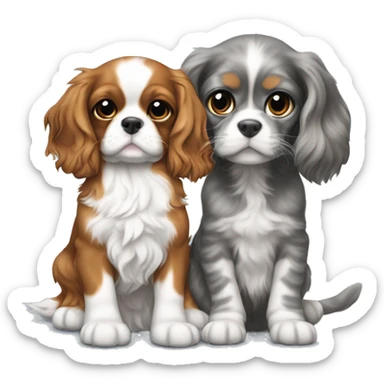 Cavalier King Charles Spaniel puppy sits next to a British gray tabby cat sticker