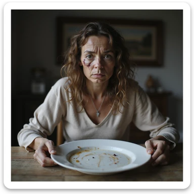 hyperrealistic 4K image of a very thin woman with a face marked by fatigue and stress, swollen eyes and dark circles, sitting at a table with an almost empty plate, domestic environment, natural light, detailed sticker