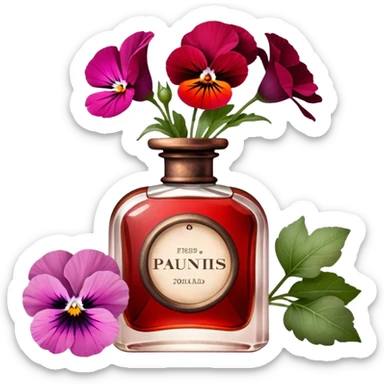 "A rustic red perfume bottle with an aged patina sits beside delicate quartz pink pansies. Soft natural light enhances the vintage charm, creating a warm, romantic ambiance." sticker