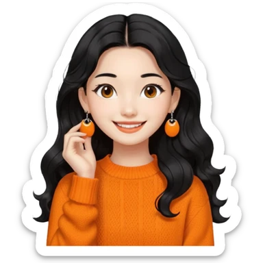 Korean 24-year-old female online shopping mall seller / Orange knit / White face / Earrings / Smiling expression / Long wavy hair / Influencer vibe / Fashionable / Black hair sticker