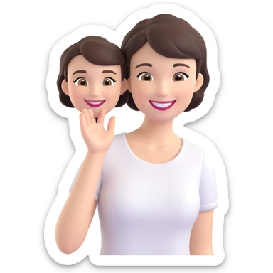 memoji-style lady with short dark brown hair, big smile sticker