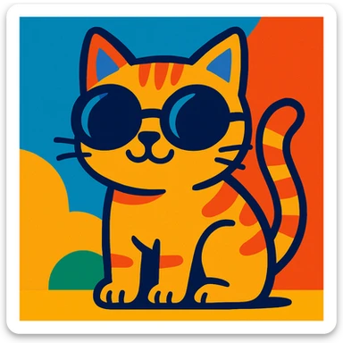 a cute cat with round sunglasses, simple and bold, vibrant toon style sticker