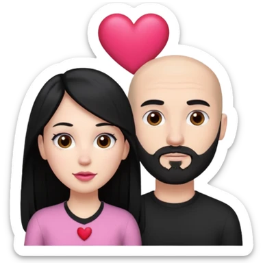 👩🏻‍❤️‍💋‍👨🏻 this one but the man should be bald. white woman with long black hair and white bald young man whoitiut hair and a heart between their heads. she has pink lips and both have brown eyes. he has e full beard but short. both wear black  sticker
