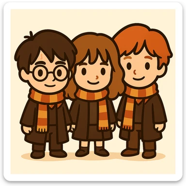 Illustration of Harry Potter, Hermione Granger, and Ron Weasley together in a cute, simplified cartoon style similar to the previous. Harry has round glasses, a lightning scar on his forehead, a striped scarf, dark brown hair, Hogwarts robe, no wand. Hermione has light brown hair, striped scarf, Hogwarts robe, friendly expression. Ron has red hair, striped scarf, Hogwarts robe, friendly expression. All full body, together, with bold black lines and soft colors. sticker