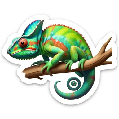 Giant Chameleon blending into natural surroundings, perched on a branch. Its vibrant colors shift with the environment. Lush greenery, branches, and soft sunlight create a peaceful, nature-filled background. Transparent background, showcasing the chameleon's colorful, textured skin. sticker