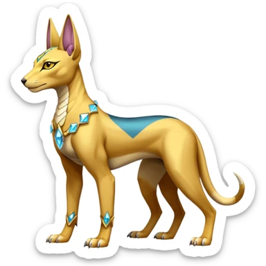 Modern futuristic shiny diamond colorful Anubis-Sphynx-Lombax-Zeraora-Renamon-fusion (full body) sticker