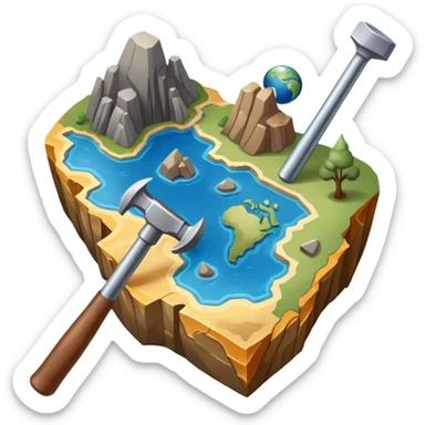 An icon featuring a rock hammer, a geological map, and layers of Earth’s crust, symbolizing geology. The design includes mineral samples, fossils, and tectonic plates, representing the study of Earth’s structure and natural processes. Transparent background highlights geological exploration sticker