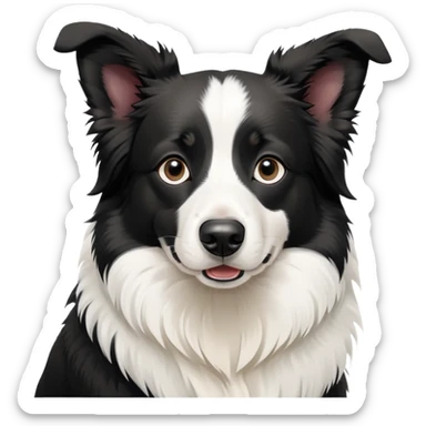 Sitting Border Collie dog with ONLY ONE single black ear, the rest of the dog including the other ear is completely white, extreme contrast between the one black ear and white body sticker